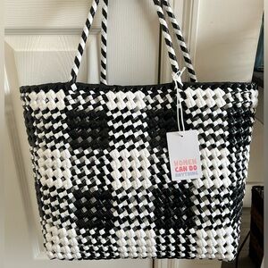 Black White woven beach tote